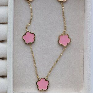 Pink Clover 5 Petal Style Charm Necklace 18k Gold Plated Stainless Steel